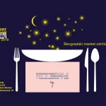 Najava za Beogradski festival održive hrane. Teget pozadina sa stilizovanim tanjirom i priborom zvezdama i mesecom.