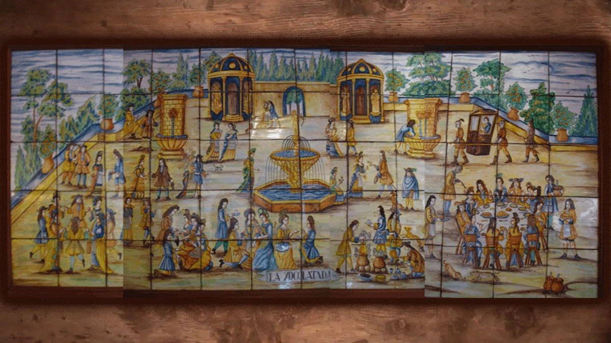 Mozai na kojem se nalaze prikazi sa španskog dvora na kojem se nalaze domorodci iz Južne Amerike.