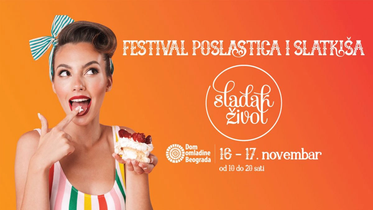 Najava za Festival poslastica u slatkiša Sladak Život. Narandžasta pozadina sa devojkom koja u rukama drži kolač.