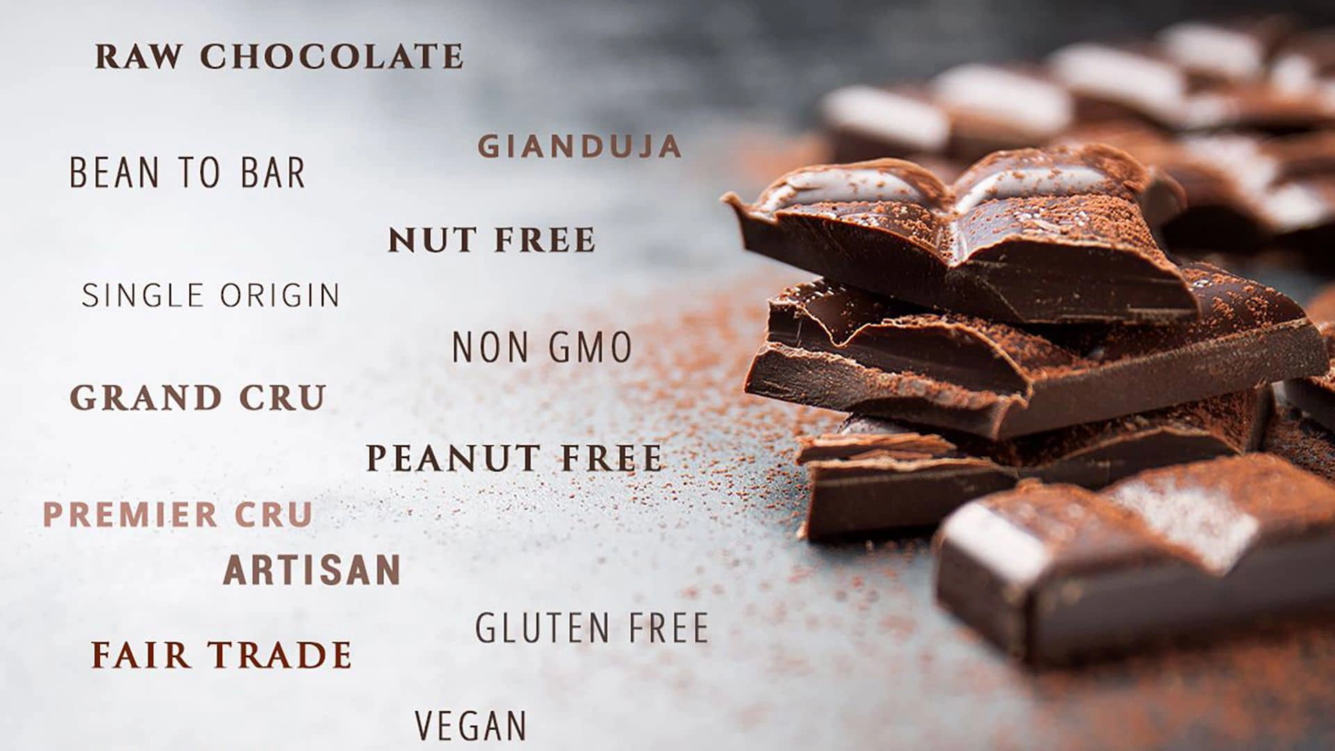 Komadići čokolada posuti kakao prahom i natpisi različitih proizvoda koji se dobijaju od kakao ploda.