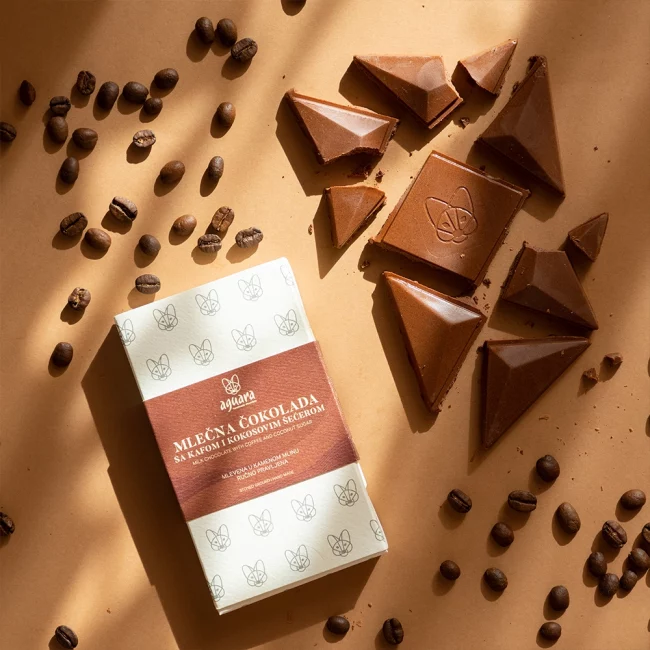 Aguara mlečna čokolada Zdravo sa kafom. Izlomljena čokolada, pakovanje i zrna kafe.