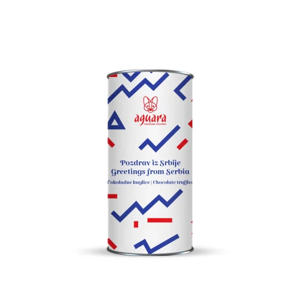 Tuba u kojoj se nalazi osam Aguara čokoladnih kuglica. Na etiketi se nalaze crveno plavi motivi. Pakovanje se zove Pozdrav iz Srbije.