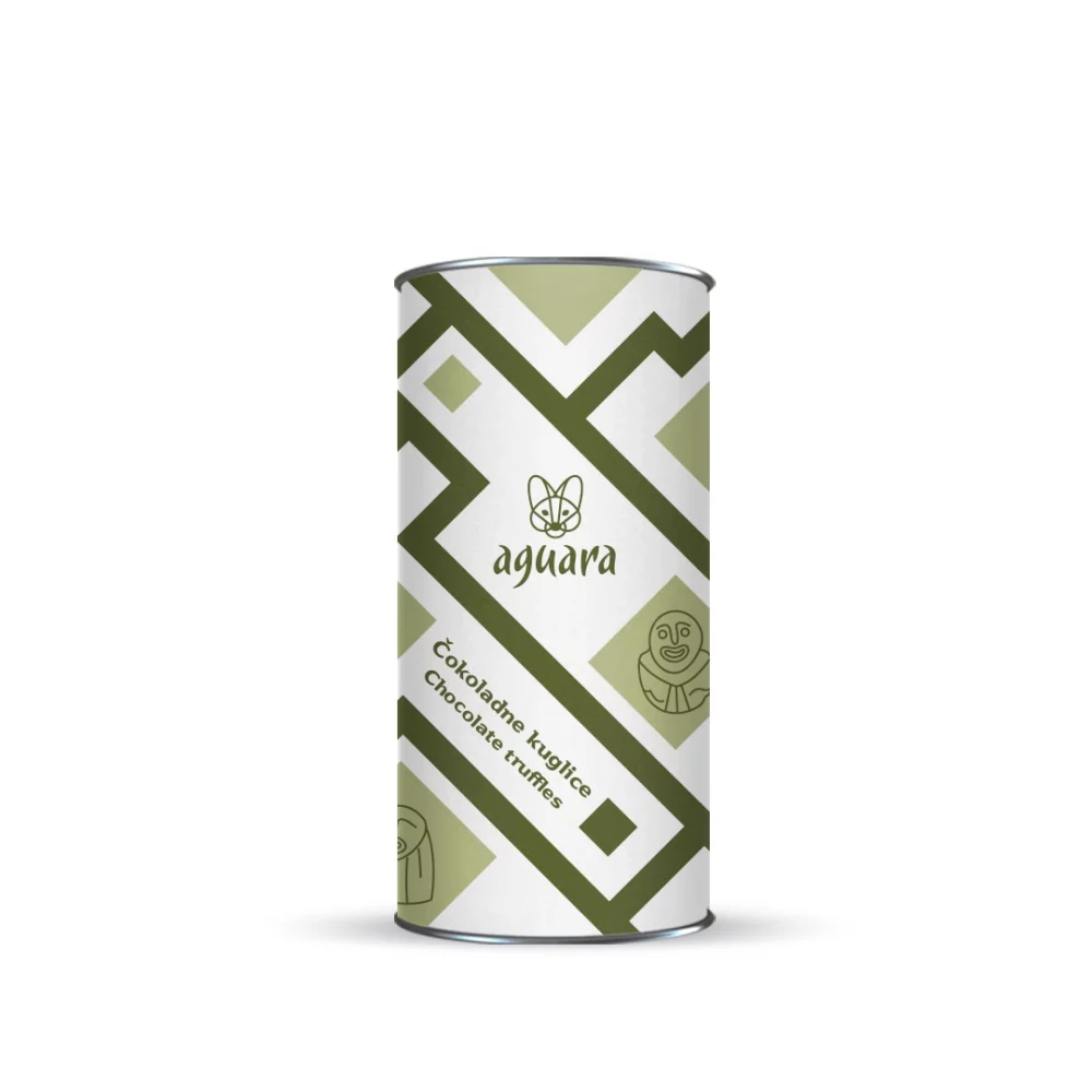 Tuba u kojoj se nalaze Aguara čokoladne kuglice sa lešnik pastom i organskim kakao prahom. Na etiketi se nalaze motivi Lepenskog vira.