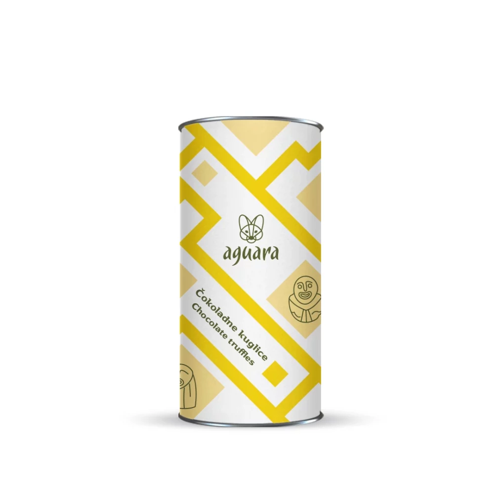 Tuba u kojoj se nalaze Aguara čokoladne kuglice sa lešnik pastom i dunjom. Na etiketi se nalaze motivi Lepenskog vira.