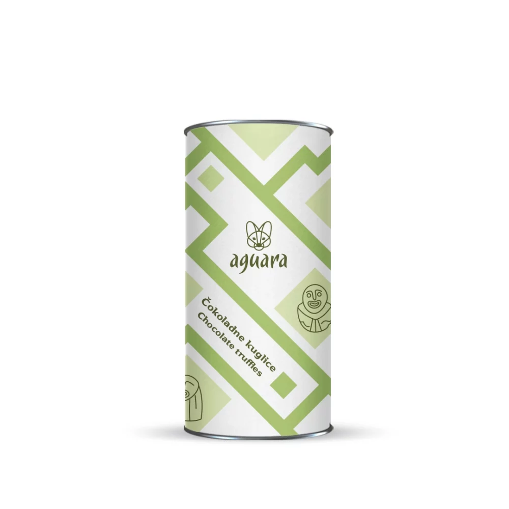 Tuba u kojoj se nalaze Aguara čokoladne kuglice sa pistaći pastom i komadićeima pistaća. Na etiketi se nalaze motivi Lepenskog vira.