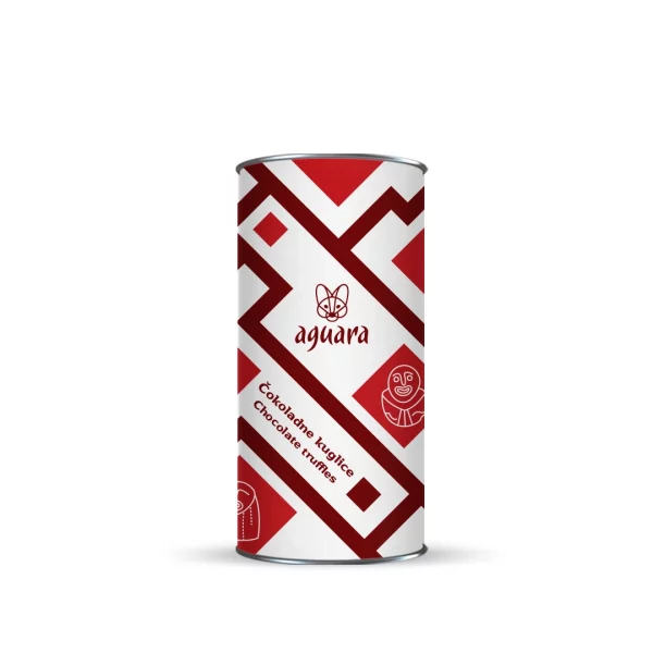 Tuba u kojoj se nalaze Aguara čokoladne kuglice sa orah pastom i višnjom. Na etiketi se nalaze motivi Lepenskog vira.