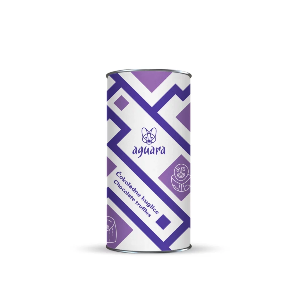 Tuba u kojoj se nalaze Aguara čokoladne kuglice sa orah pastom, šljivom i lavandom. Na etiketi se nalaze motivi Lepenskog vira.