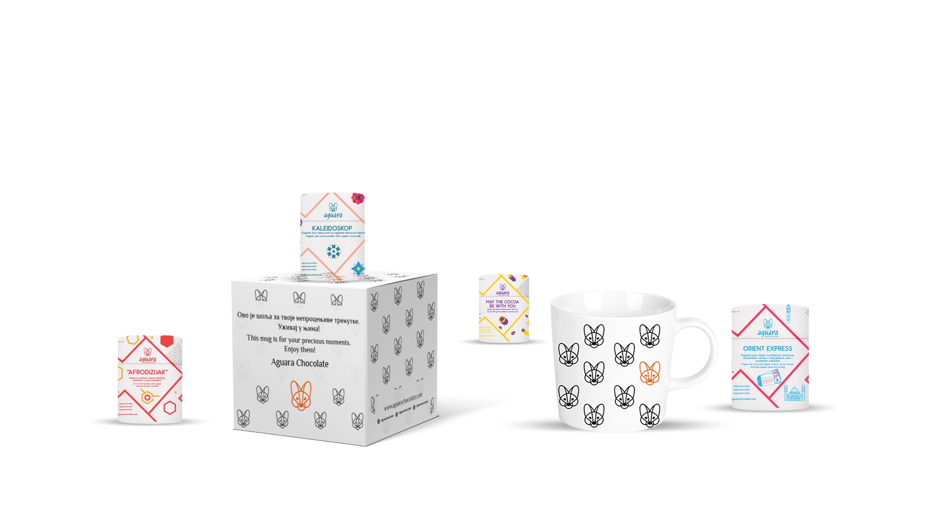 Set pakovanje u kojem se nalaze aguarina šolja za kakao i četiri mala pakovanja sirovog organskog kakao praha.