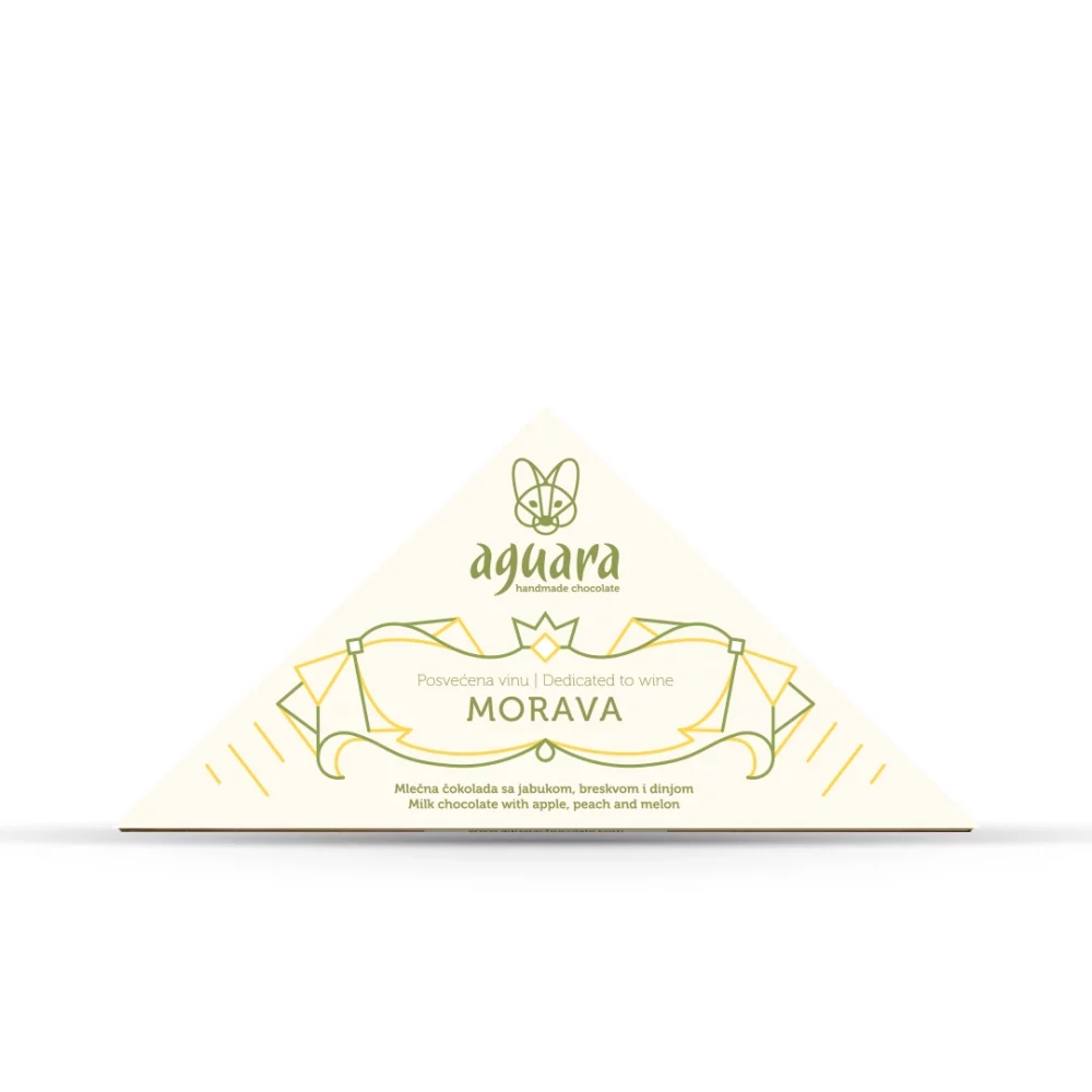 Trouglasta čokolada čokoladeposvećene vinu Morava. Na ambalaži se nalaze linijski elementi koji predstavljaju elemente srpske tradicije.