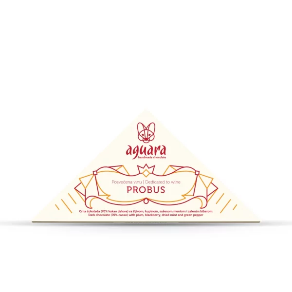 Trouglasta čokolada čokoladeposvećene vinu Probus. Na ambalaži se nalaze linijski elementi koji predstavljaju elemente srpske tradicije.