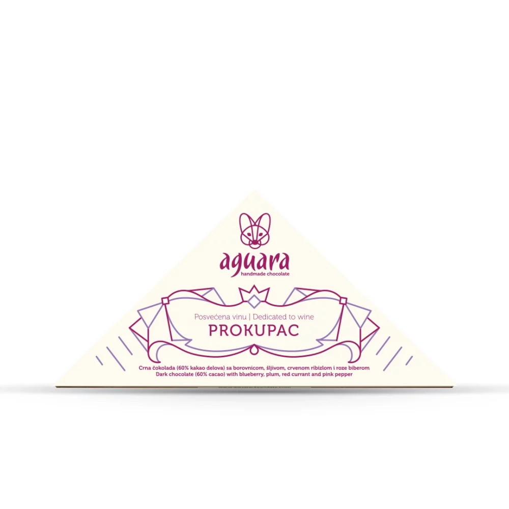 Trouglasta čokolada čokoladeposvećene vinu Prokupac. Na ambalaži se nalaze linijski elementi koji predstavljaju elemente srpske tradicije.