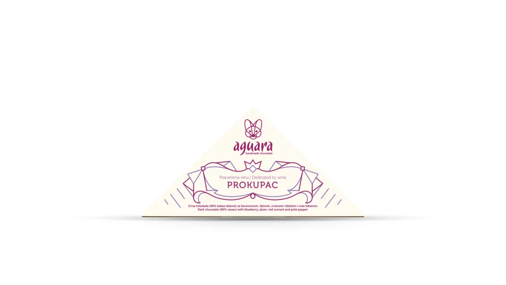 Trouglasta čokolada čokoladeposvećene vinu Prokupac. Na ambalaži se nalaze linijski elementi koji predstavljaju elemente srpske tradicije.