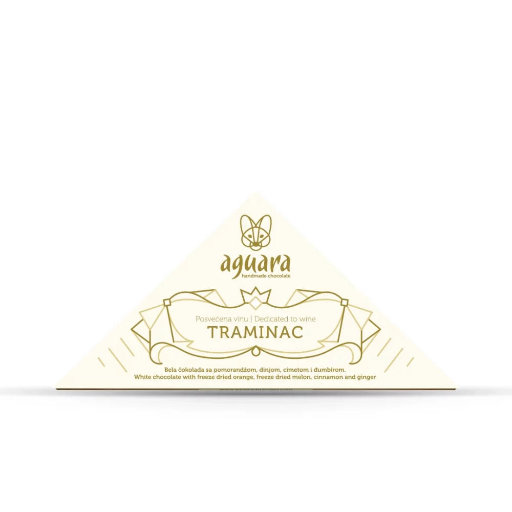 Trouglasta čokolada čokoladeposvećene vinu Traminac. Na ambalaži se nalaze linijski elementi koji predstavljaju elemente srpske tradicije.