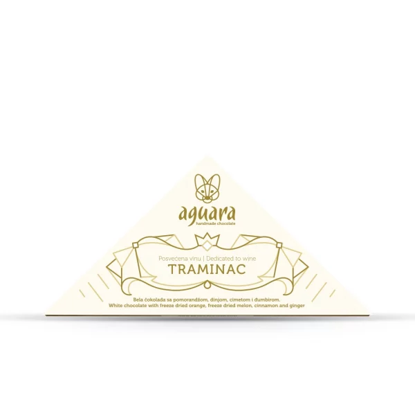 Trouglasta čokolada čokoladeposvećene vinu Traminac. Na ambalaži se nalaze linijski elementi koji predstavljaju elemente srpske tradicije.