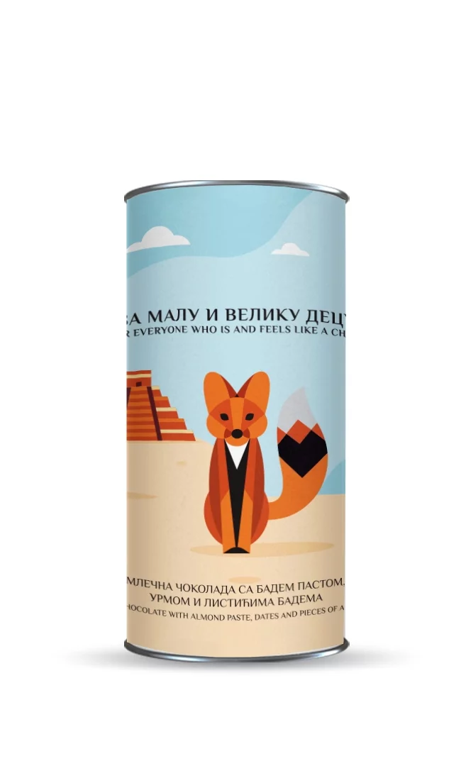 Tuba u kojoj se nalazi lomljena mlečna čokolada sa bademom. Na etiketi se nalaze aguara i piramida.