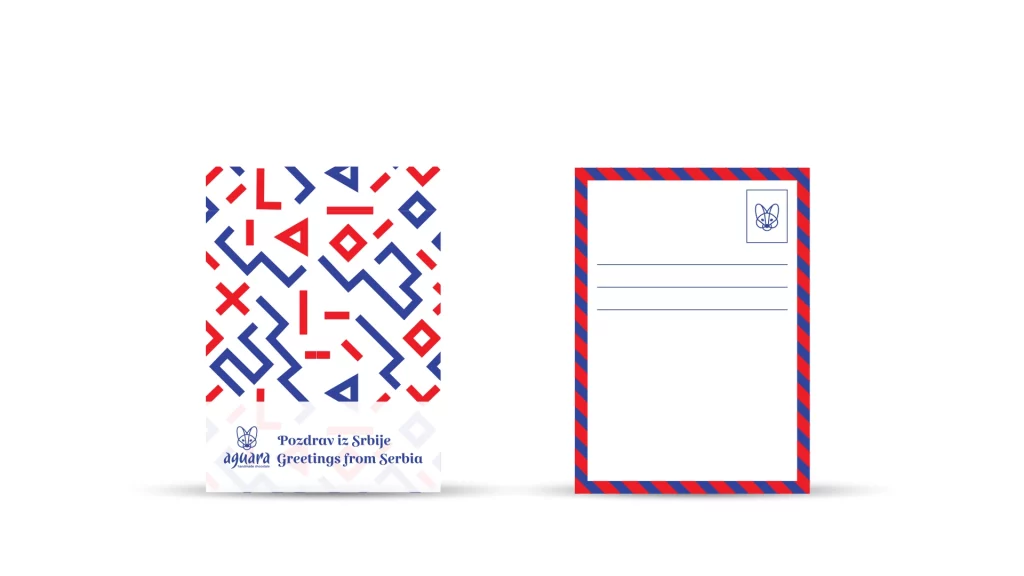 Poklon čestitka Pozdrav iz Srbije sa crveno plavim ornamentima, aguara logotipom i tekstom
