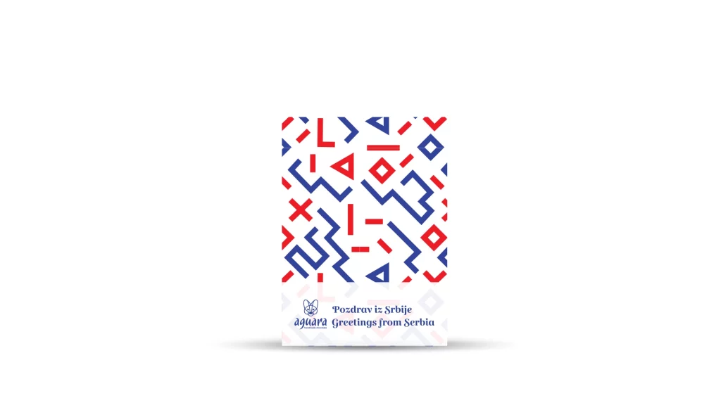 Poklon čestitka Pozdrav iz Srbije sa crveno plavim ornamentima, aguara logotipom i tekstom Pozdrav iz Beograda i Greeting from Belgrade.