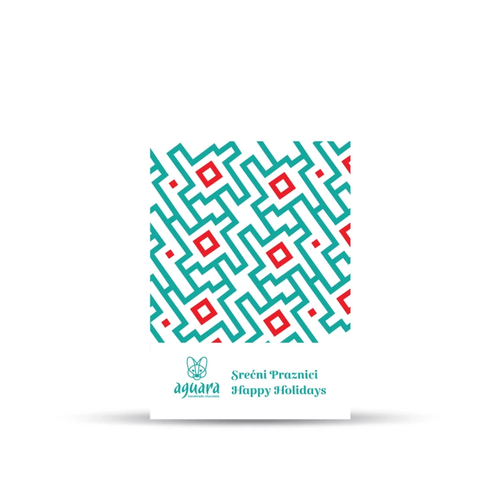 Poklon čestitka Srećni praznici na kojoj se nalaze zeleno crveni ornamenti.