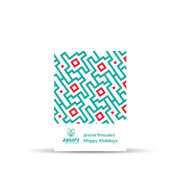 Poklon čestitka Srećni praznici na kojoj se nalaze zeleno crveni ornamenti.