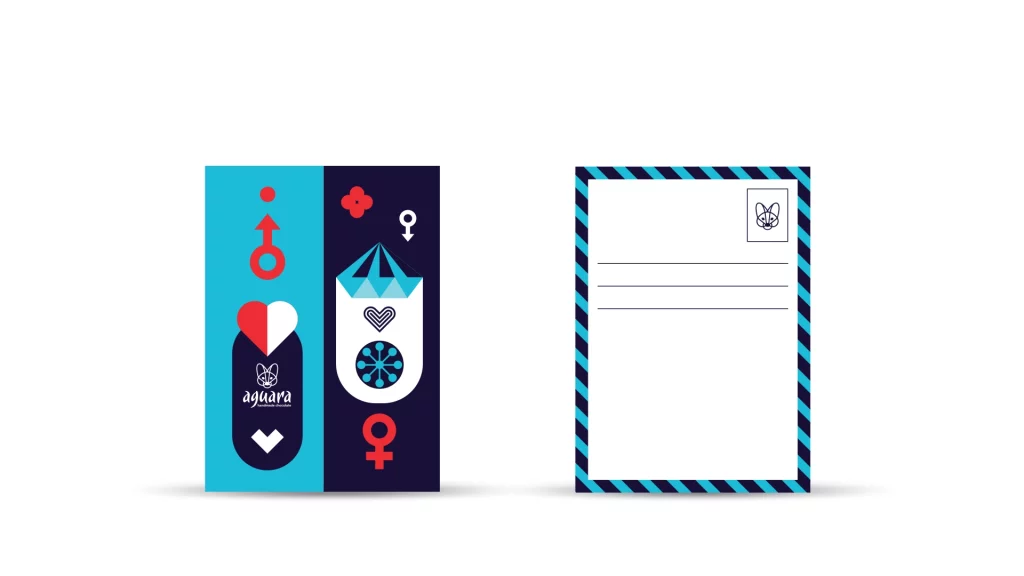 Poklon čestitka Dan zaljubljenih. Jedna polovina je svetlo plave boje boje a druga teget. Na čestitki se nalaze srce, dijamant, cvet i žensko muški simboli. Prednja i zadnja strana čestitke.