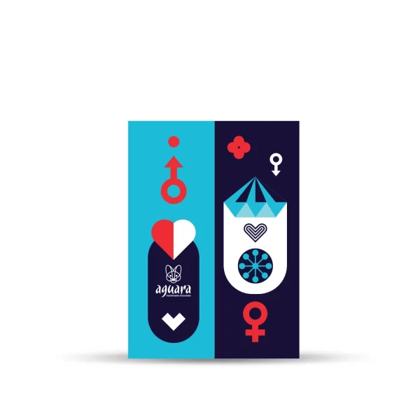 Poklon čestitka Dan zaljubljenih. Jedna polovina je svetlo plave boje boje a druga teget. Na čestitki se nalaze srce, dijamant, cvet i žensko muški simboli.