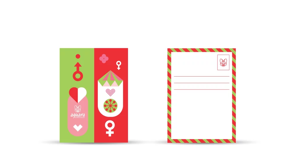 Poklon čestitka Dan zaljubljenih. Jedna polovina je zelene boje a druga crvene.Na čestitki se nalaze srce, dijamant, cvet i žensko muški simboli. Prednja i zadnja strana čestitke.