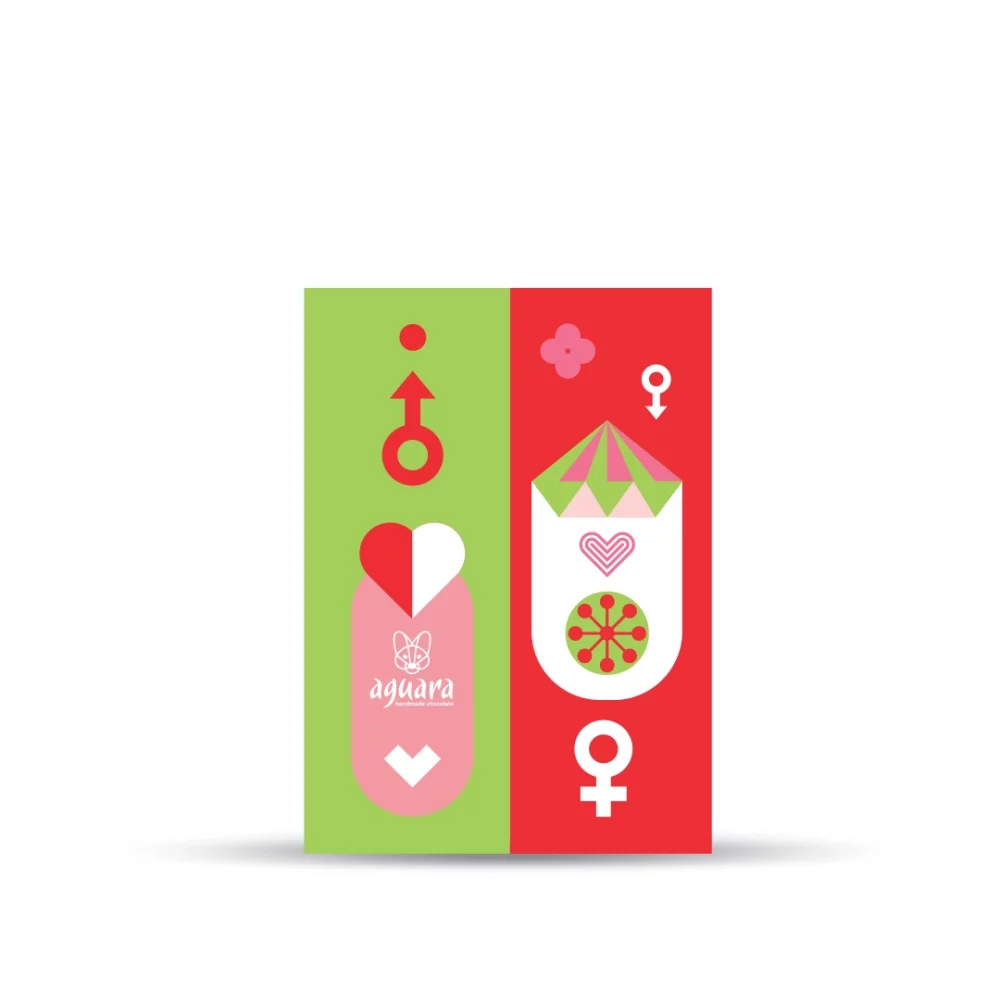 Poklon čestitka Dan zaljubljenih. Jedna polovina je zelene boje a druga crvene.Na čestitki se nalaze srce, dijamant, cvet i žensko muški simboli.