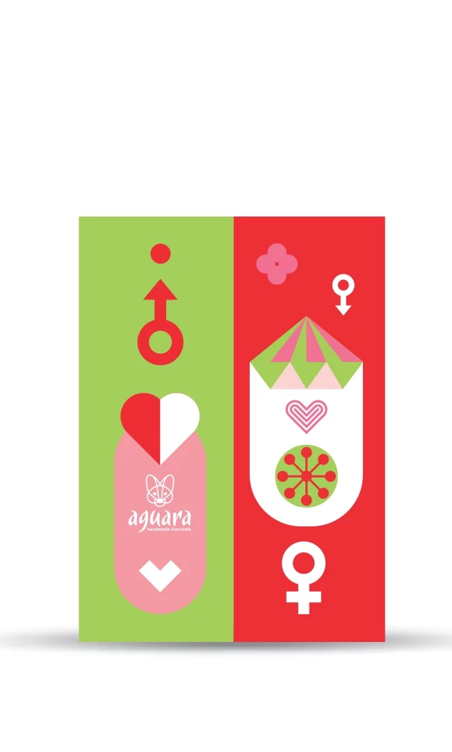 Poklon čestitka Dan zaljubljenih. Jedna polovina je zelene boje a druga crvene.Na čestitki se nalaze srce, dijamant, cvet i žensko muški simboli.