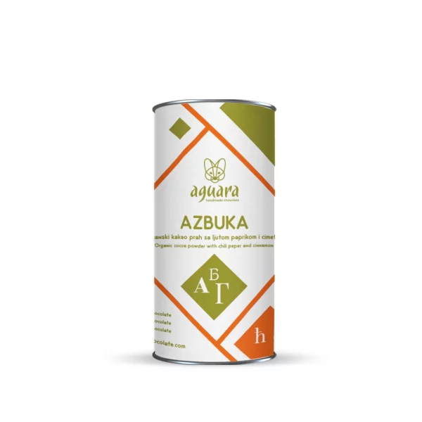 Aguara organski sirovi kakao prah „Azbuka“ sa cimetom i ljutom paprikom – bez šećera, za pripremu toplog kakao napitka, jednostavan za pripremu kod kuće, u kancelariji ili na putovanju. Savršen poklon iz Beograda.
