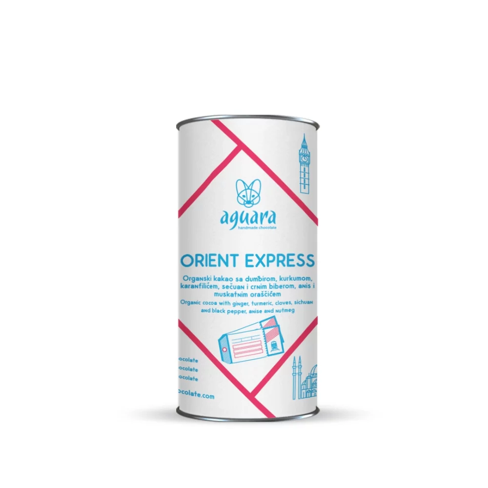 Aguara organski sirovi kakao prah “Orient Express” sa đumbirom, kurkumom, karanfilićem, Sichuan biberom, crnim biberom, anisom i muškatnim oraščićem, za pripremu toplog kakao napitka – bez šećera, prirodan, začinjen.