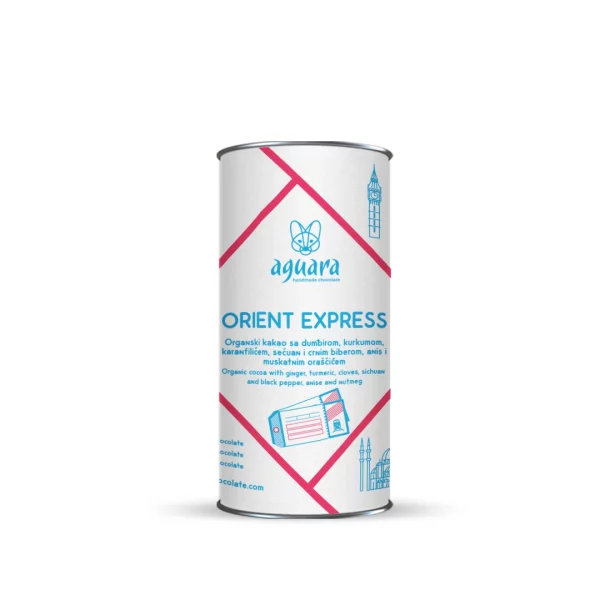 Aguara organski sirovi kakao prah “Orient Express” sa đumbirom, kurkumom, karanfilićem, Sichuan biberom, crnim biberom, anisom i muškatnim oraščićem, za pripremu toplog kakao napitka – bez šećera, prirodan, začinjen.