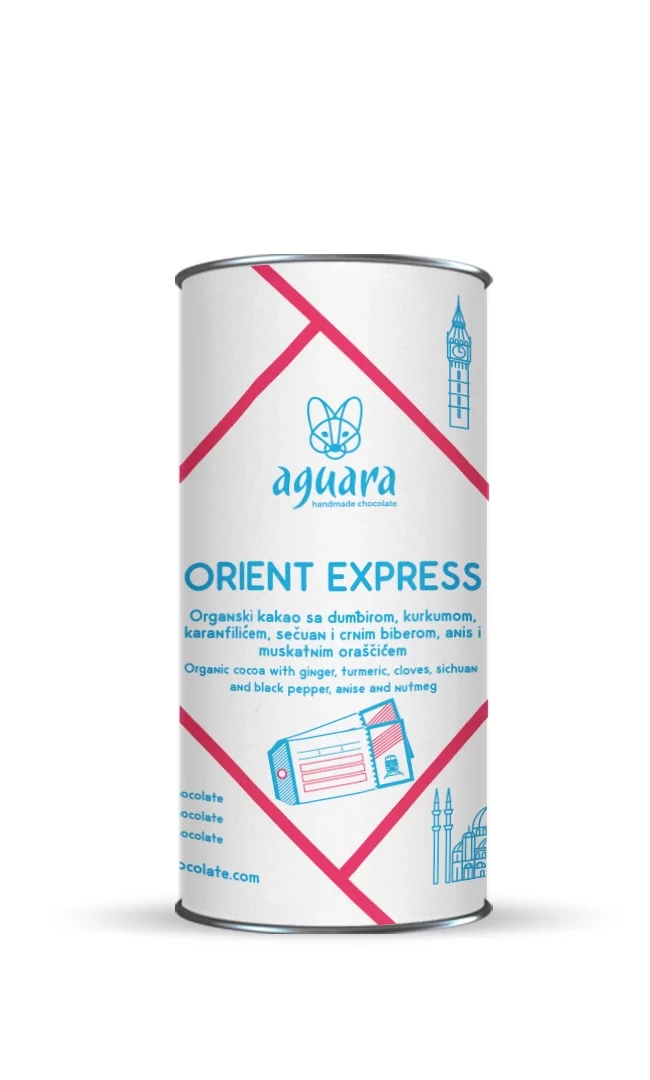 Aguara organski sirovi kakao prah “Orient Express” sa đumbirom, kurkumom, karanfilićem, Sichuan biberom, crnim biberom, anisom i muškatnim oraščićem, za pripremu toplog kakao napitka – bez šećera, prirodan, začinjen.