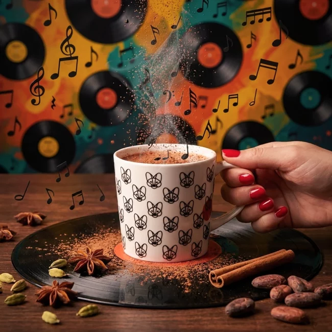 Najava za Aguara chocolate Kakao matine na kojoj se nalazi ploca sa aguara šoljom u kojoj je kakako napitak. Po ploći je postu kakao prah i neki od začina- Sve se nalazi na drvenoj podlozi. U pozadi se nalazi zid sa pločama. Iz šolje izlaze note.