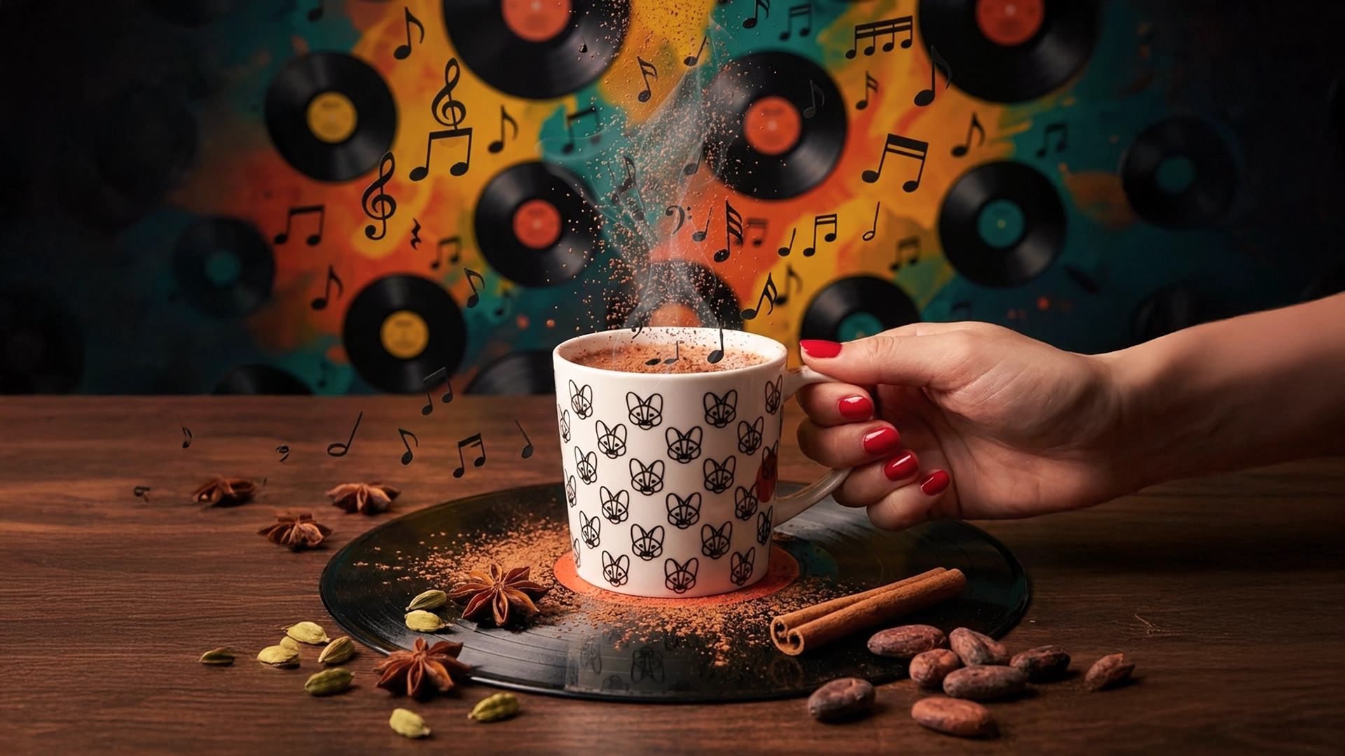 Najava za Aguara chocolate Kakao matine na kojoj se nalazi ploca sa aguara šoljom u kojoj je kakako napitak. Po ploći je postu kakao prah i neki od začina- Sve se nalazi na drvenoj podlozi. U pozadi se nalazi zid sa pločama. Iz šolje izlaze note.