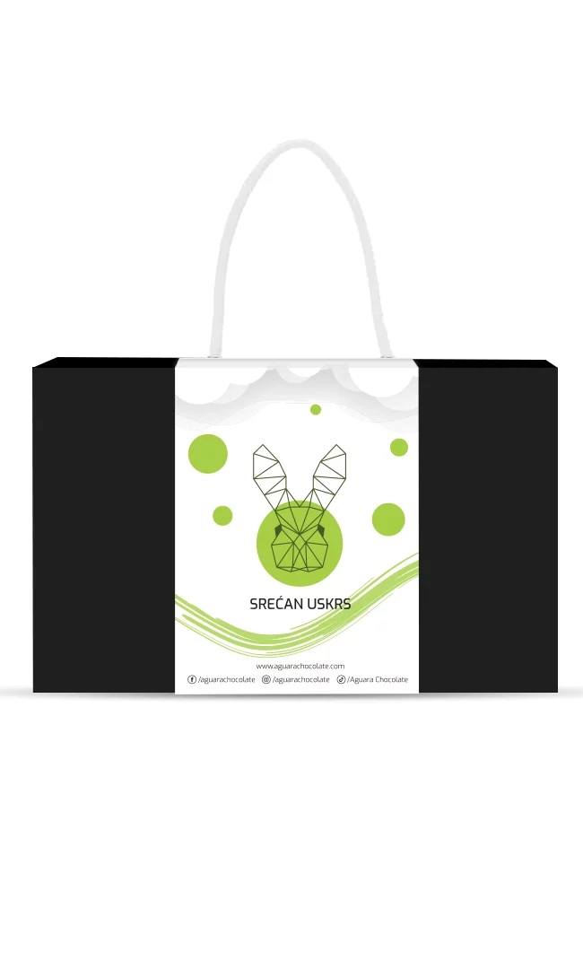 Poklon kutija crna sa trakom na kojoj se nalazi uskršnji zeka. Poklon kutija u kojoj se nalaze različiti Aguarachocolate proizvodi.