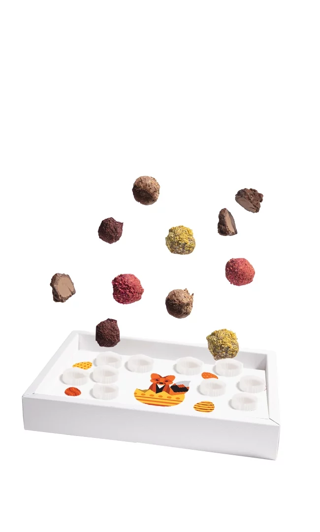 Poklon pakovanje Aguara chocolate čokoladnih kuglica. Bela kutija u kojoj se nalazi deset čokoladnih kuglica sa osnovom nakojoj dominira aguara koja izlazi iz čokoladnog jajeta. Osim nje tu se nalazi još četiri šarena čokoladna jajeta.