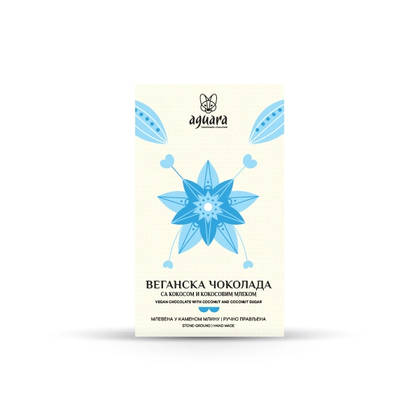 Aguara mlečna veganska čokolada Zdravo na kojoj se nalazi cvet kakovca u dve nijanse plave boje.